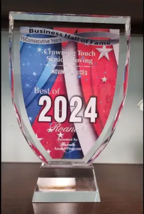 Business Hall of Fame award for Crowning Touch Senior Moving Services, recognized as Best of 2024 in Roanoke for Moving Services, marking 16 consecutive years of recognition.